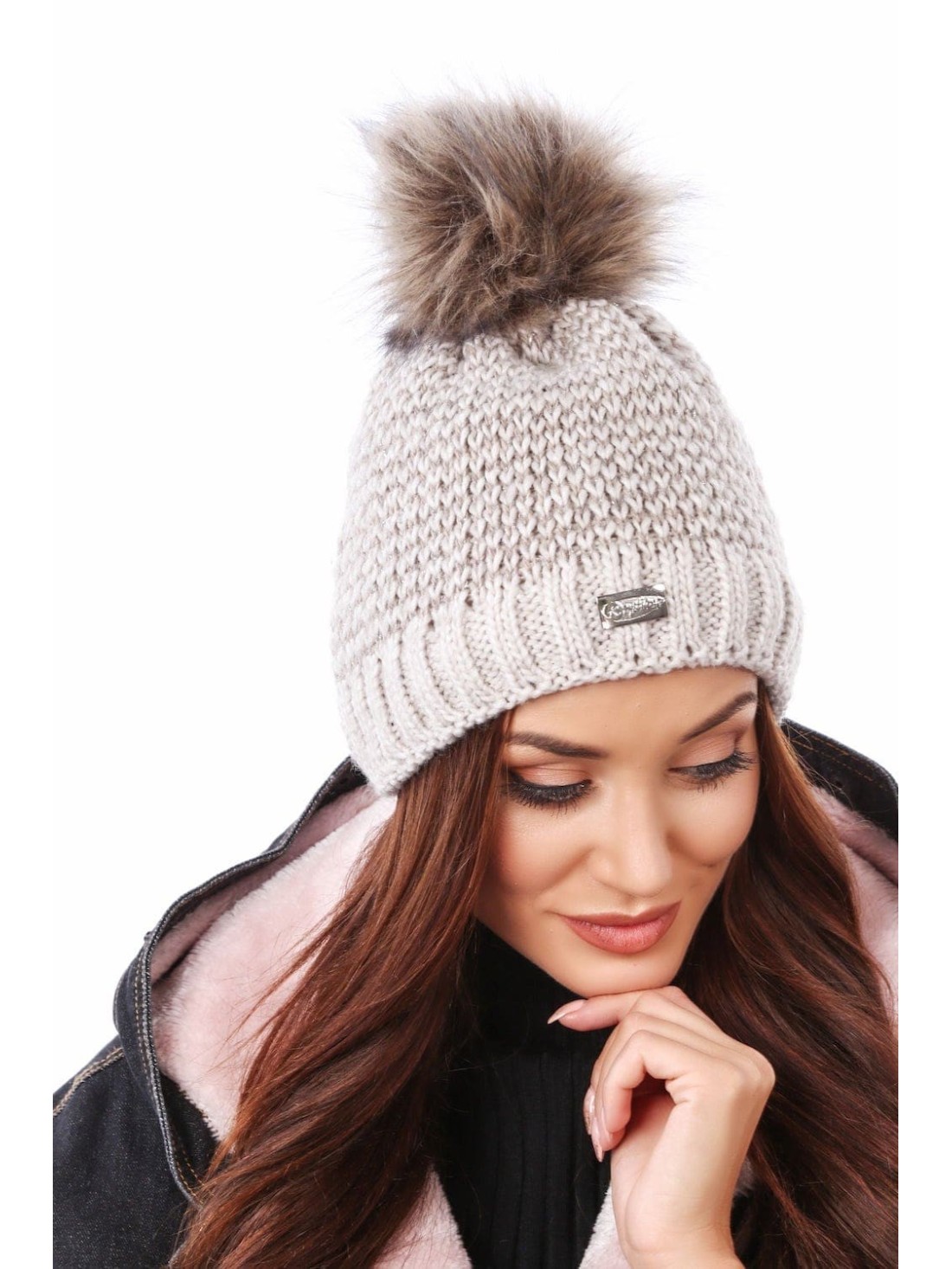 Beige herringbone winter hat C44 - Online store - Boutique